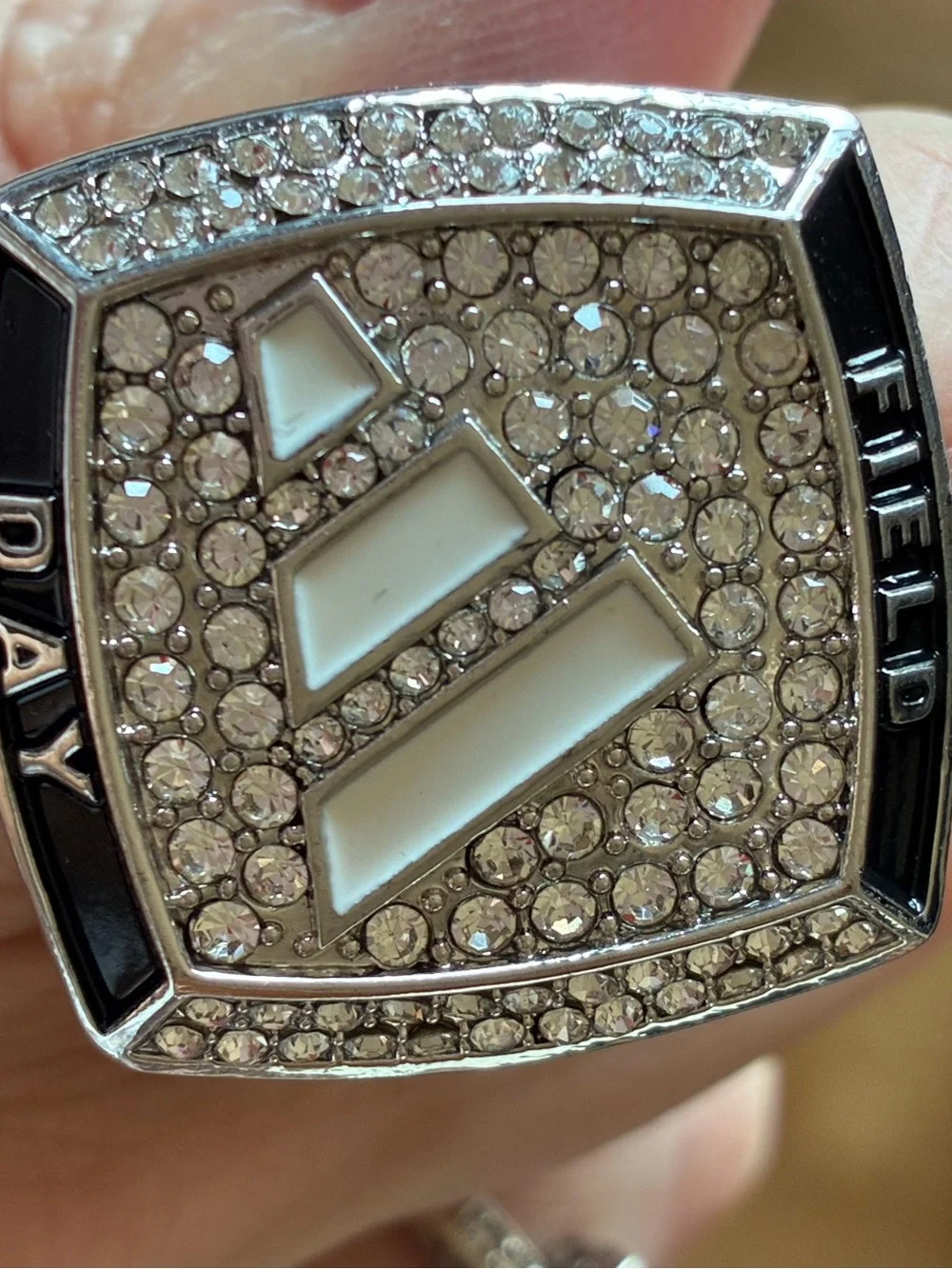 adidas Silver Tone Crystal Logo Ring with White Enamel Accents